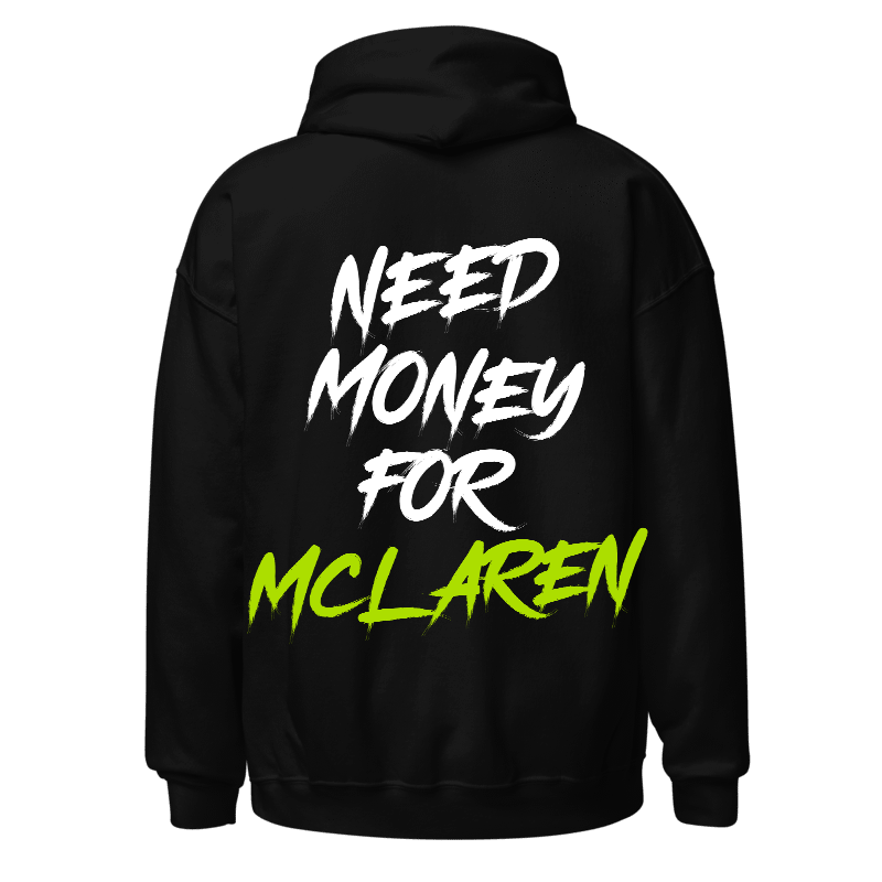 Boosted Mayhem Need McLaren Hoodie — black embroidered supercar sweatshirt