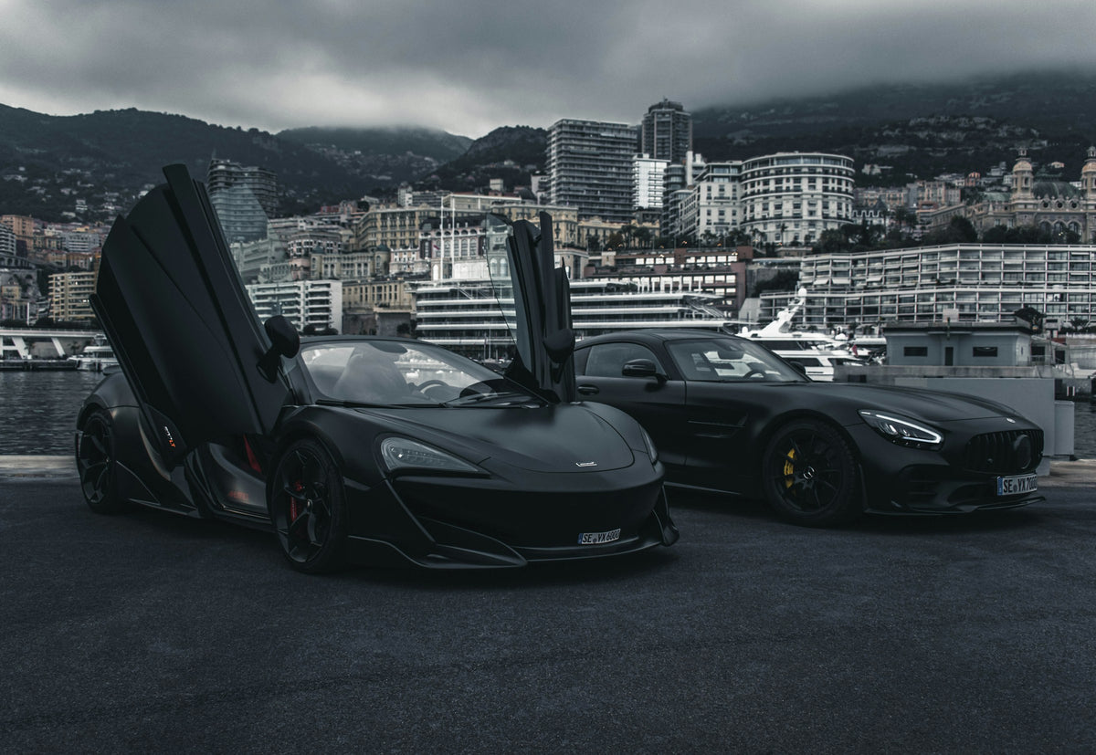 Matte black McLaren 600LT and Mercedes-AMG GT parked in Monaco harbor