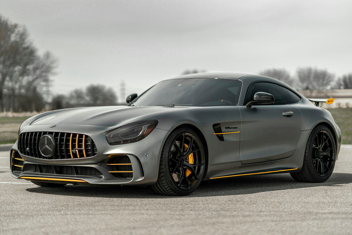 Matte grey Mercedes-AMG GT R with yellow accents